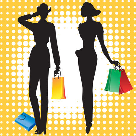 Silhouettes of women with shopping on a yellow background with circlesのイラスト素材