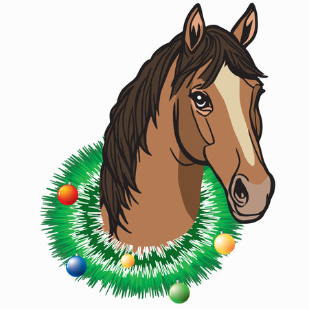 Horse head - symbol of the year and Christmas wreathのイラスト素材