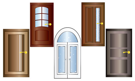 Set of multicolored doors with gold doorknobs on a white backgroundのイラスト素材