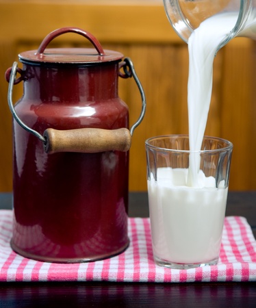 Pouring fresh milk into glassの写真素材