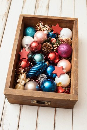 Christmas decorations in vintage drawerの写真素材
