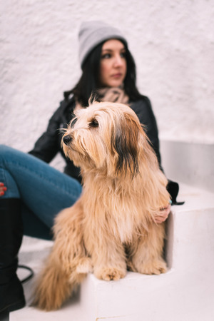 Woman and her dog sitting outsideの写真素材