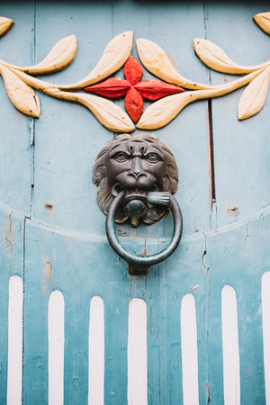 Metal lion door knocker on a wooden doorの写真素材