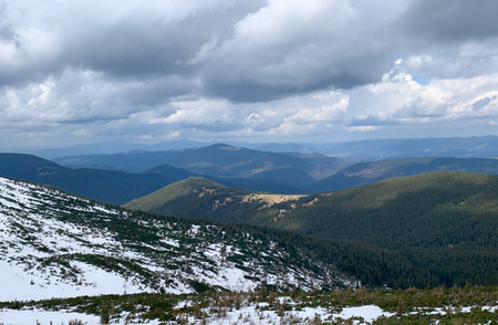 Spring view of the Carpathian Mountains with green slopes, patches of melting snow, and clear blue sky. The mix of fresh grass and snow shows the beauty of the season.の写真素材