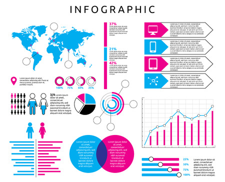 A collection of elements for use in info-graphic design. The color palette uses cyan, magenta and key colors, but they can be substituted with any other color.のイラスト素材
