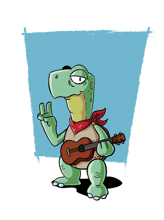 A laid back surfer turtle playing a ukulele illustration.のイラスト素材