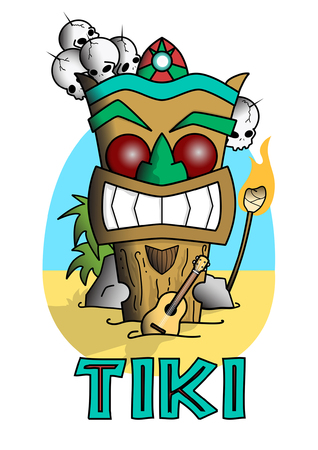A tiki totem on the beach with a ukulele in the sand.のイラスト素材