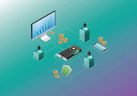 Monitor, mobile phone, and GPU with the isometric block chain grid.のイラスト素材