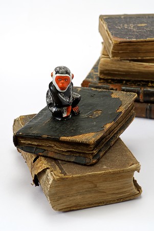 old religious books and monkey statuetteの写真素材