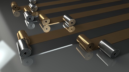 metal rolls unrolling on gray background 3d renderの写真素材