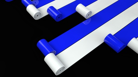 blue and white plastic rolls unrolling on black background 3d renderの写真素材