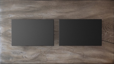 Black business cards on a wooden background. Mockup for branding. 3d renderの写真素材
