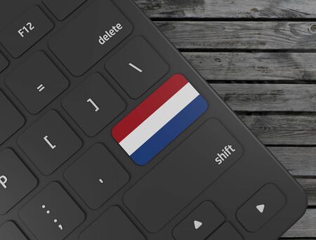 Netherlands flag enter key on white keyboard, on wood background. 3d renderの写真素材