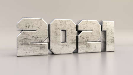 2021 3d scratched metal text isolated on white background, 3d render illustration