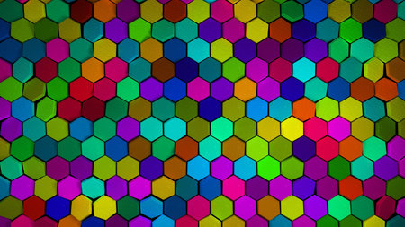 Displaced Multicolor Abstract hexagons background, 3d render illustration