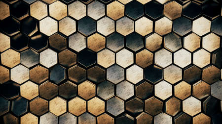 Scratched brown and gray metal hexagons honeycomb futuristic background, 3d render illustrationの写真素材