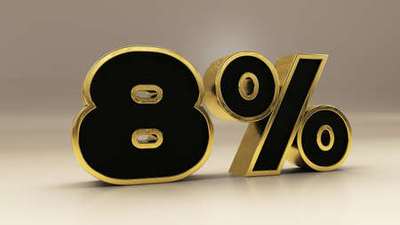 8 percent 3d gold and black luxury text isolated on white, 3d render illustration