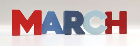 March calendar month - letters in multicolor palette, 3d render illustration