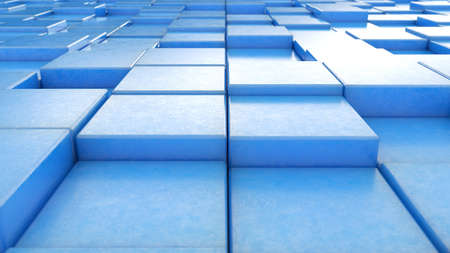 Blue scratched plastic 3d cubes tiles background from perspective view, minimalistic concept. 3d...