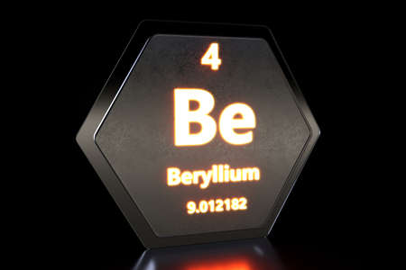 Beryllium - Be - chemical element Sign with atomic number and atomic weight. Chemical element of periodic table. Molecule And Communication Background. Purple glowing text.3d render illustration.の写真素材