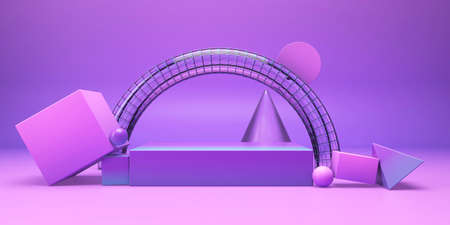 Abstract minimal scene with geometrical forms. cubic podium in pink and purple gradient. Abstract background. Scene to show podructs.Shopfront, display case. 3d render illustration.の写真素材