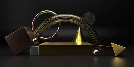 Abstract minimal scene with geometrical forms. cubic podium in metal gold siver and bronze gradient. Abstract background. Scene to show podructs.Shopfront, display case. 3d render illustration.の写真素材