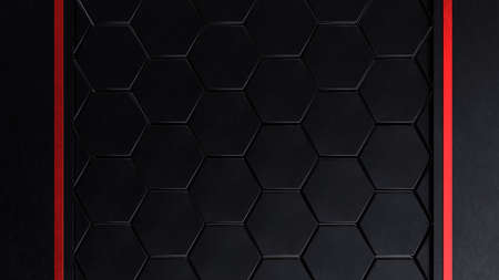 Dark metal hexagons pattern background. Futuristic space sci fi wallpaper. 3d render illustration