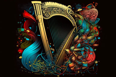 Harp with music notes on a black background. Vector illustration.の素材