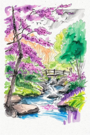 Watercolor spring landscape with river and trees. Hand drawn illustration.の素材
