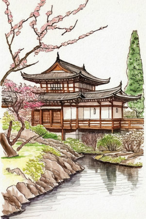Watercolor illustration of a Japanese traditional house in the garden with cherry blossomの素材