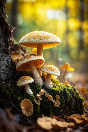 Mushrooms growing on a stump in the autumn forest, macroの素材