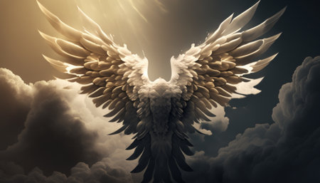 Angel wings flying in the sky. 3d illustration. conceptual image.の素材