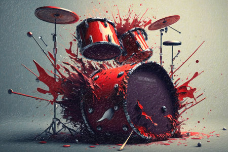 Drums with splashes of blood on a gray background. 3d renderの素材