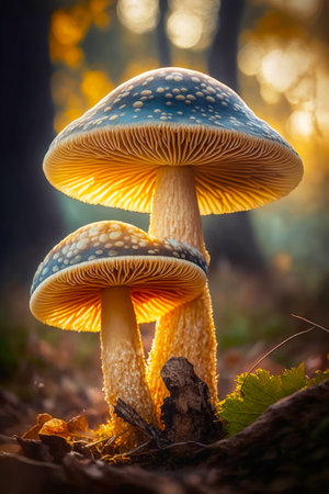 Mushrooms in the forest at sunset. Beautiful autumn landscape.の素材