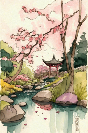 Watercolor painting of a Japanese garden with cherry blossom in springの素材