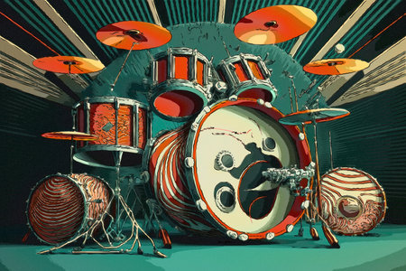 Drum set on a green background. 3d render illustration.の素材