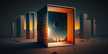 Futuristic landscape with open door, 3d rendering. Computer digital drawing.の素材