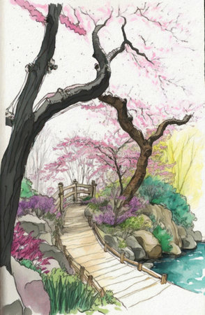 Watercolor painting of cherry blossom trees and wooden bridge in the parkの素材