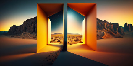 Doorway in the desert. 3d render. Computer digital drawing.の素材