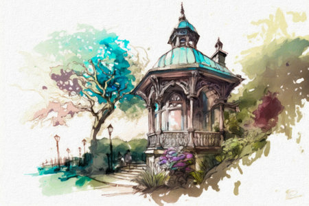 Watercolor illustration of a gazebo in the park.の素材
