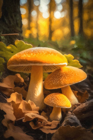 Mushrooms in the autumn forest. Photo in old image style.の素材