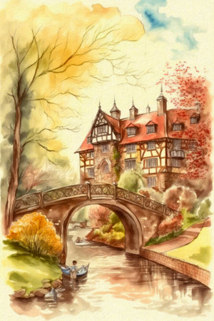 Watercolor painting of bridge over the river with german houses in the backgroundの素材