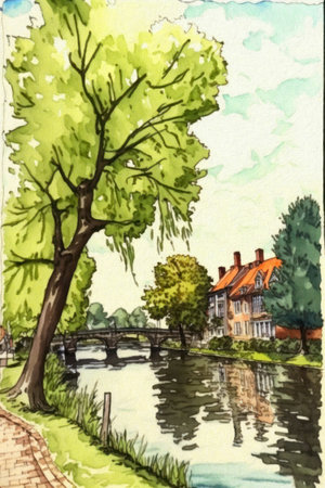 Watercolor illustration of a small village on the banks of the riverの素材