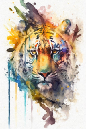 Watercolor illustration of tiger face in profile with colorful blots.の素材