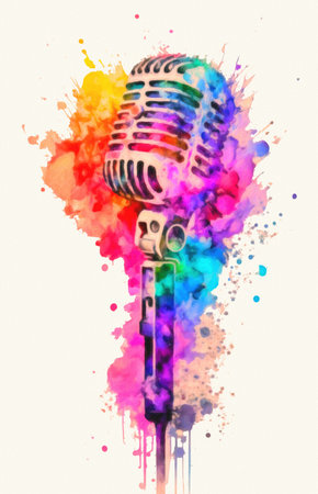 microphone with colorful splashes on white background, digital watercolor paintingの素材