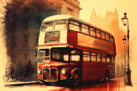 London bus on the background of the old city. Digital watercolor paintingの素材