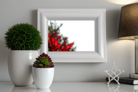 Blank picture frame on the white table. 3d render.の素材