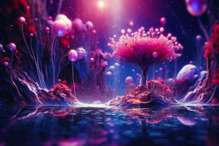 Beautiful pink flower in space planet life concept. fantasy enviroment .の素材