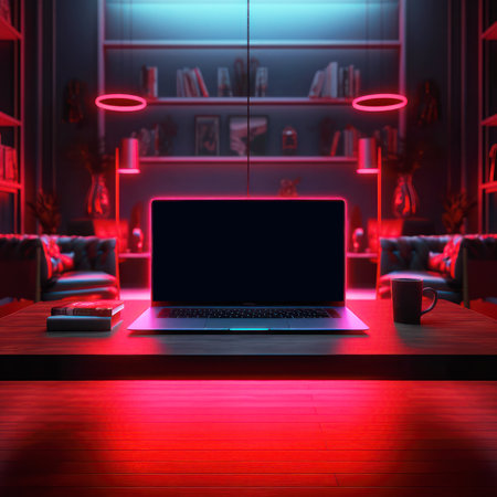 Laptop mockup with blank screen on table in office interior. 3D Render. To the generatives.の素材