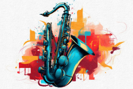 abstract color design art illustration with saxophone on watercolor backgroundの素材